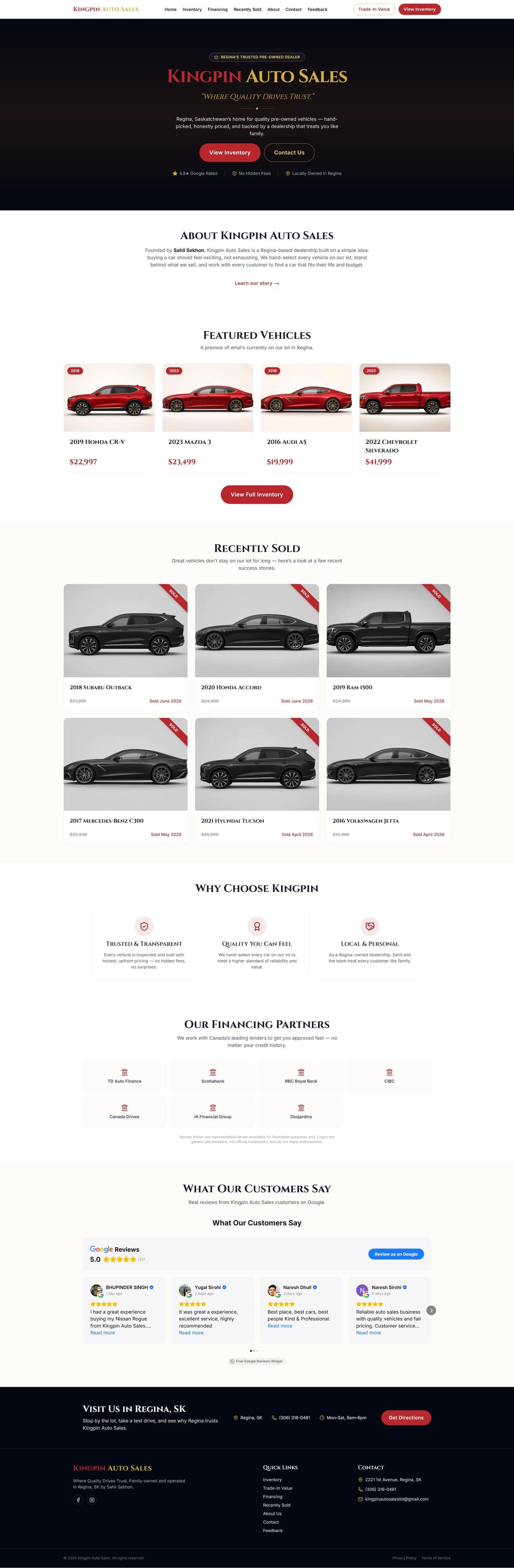 Full-page screenshot of the Kingpin Auto Sales website